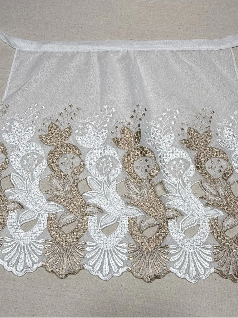 Elegant White & Champagne Embroidered Lace Tie-Waist Apron Skirt